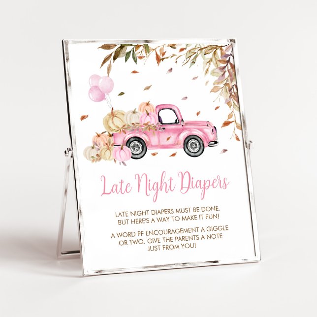 Pumpkin Rosa Lastbil Late Night Diaper Baby Shower Poster (Little Pumpkin Pink Truck Baby Shower Late Night Diapers Sign)