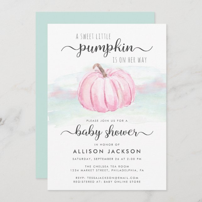 Pumpkin Rosa Mint Watercolor Flicka Shower Inbjudningar (Fram/baksida)