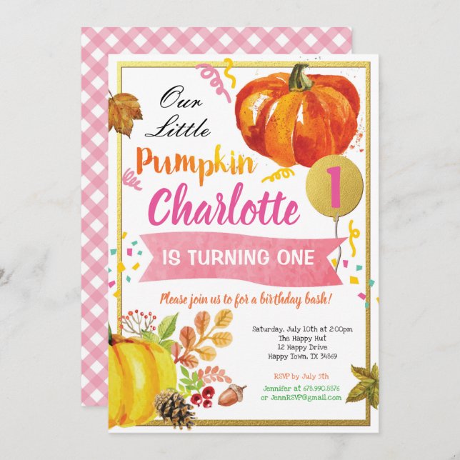 Pumpkin rosa och guld inbjudningar (Fram/baksida)