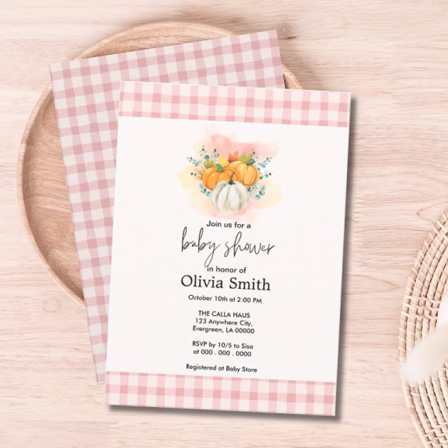 Pumpkin Rosa Play Baby Shower Inbjudningar (Pumpkin Pink Plaid Baby Shower Invitation)