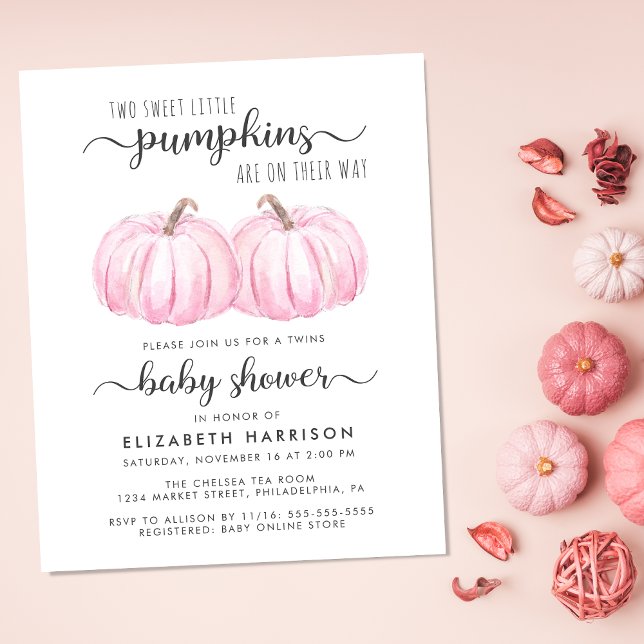 Pumpkin Rosa Twin Flicka Shower-inbjudan (Celebrate the upcoming arrival of your autumn twin baby girls with a pumpkin-themed baby shower)