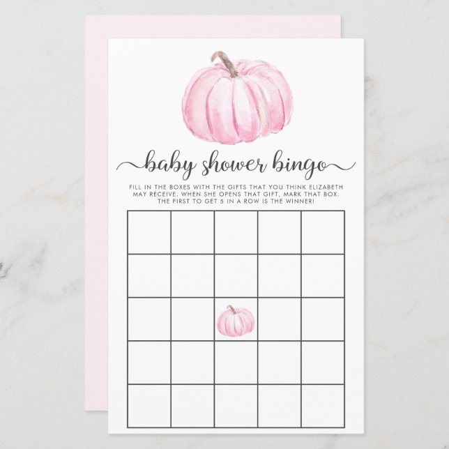 Pumpkin Rosa Watercolor Bingo Baby Shower-spel (Fram/baksida)