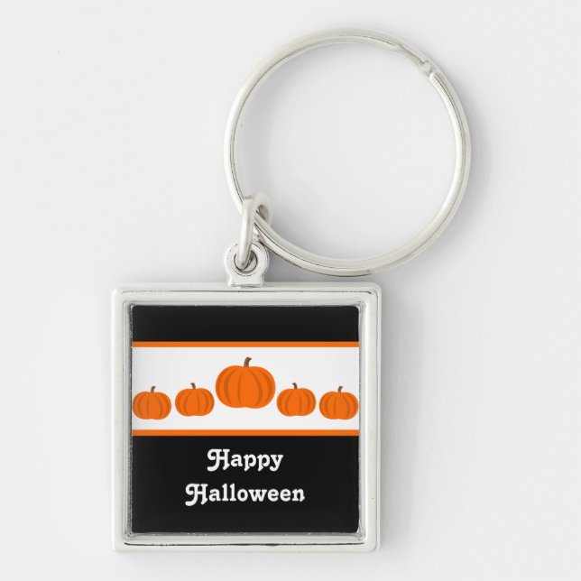 Pumpkin Row Halloween Premium Keychain Fyrkantig Silverfärgad Nyckelring (Framsidan)