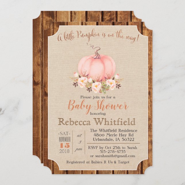 Pumpkin Rustic Blommigt Wood Baby Shower-inbjudan Inbjudningar (Fram/baksida)