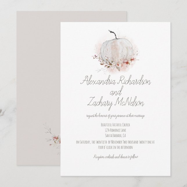 Pumpkin Rustic Fall Watercolor Bröllop Inbjudningar (Fram/baksida)