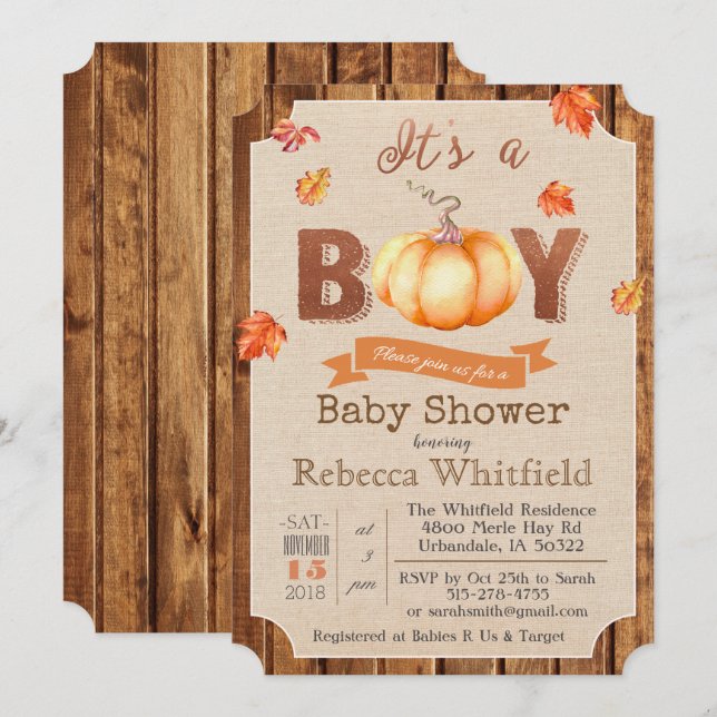 Pumpkin Rustic Lövs Wood Baby Shower-inbjudan Inbjudningar (Fram/baksida)