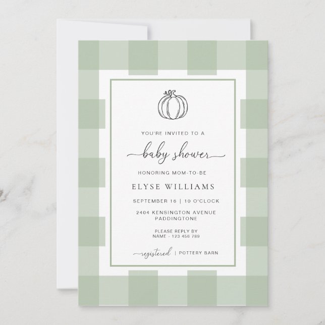 Pumpkin Sage Grönt Gingham Baby Shower Inbjudningar (Framsida)
