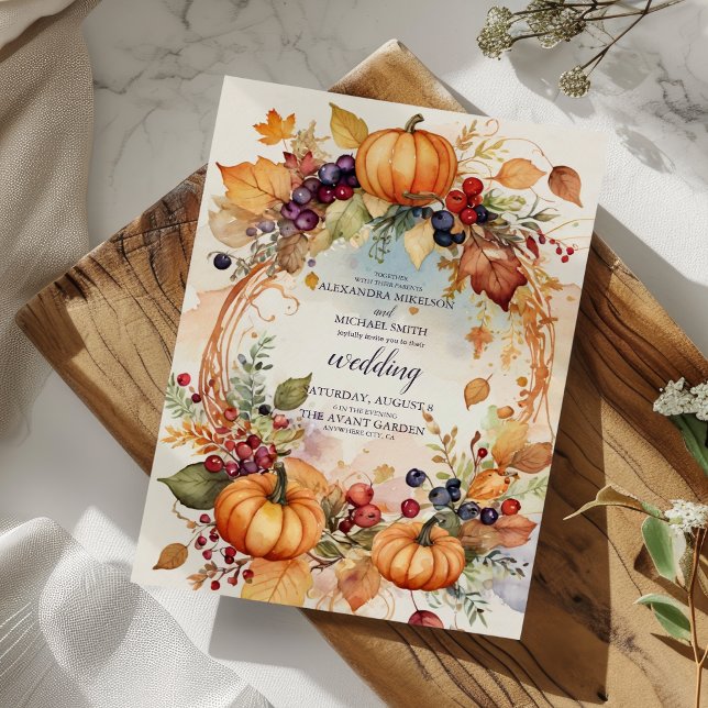 Pumpkin Scrip Bröllop på hösten Blommigt Inbjudningar (Skapare uppladdad)
