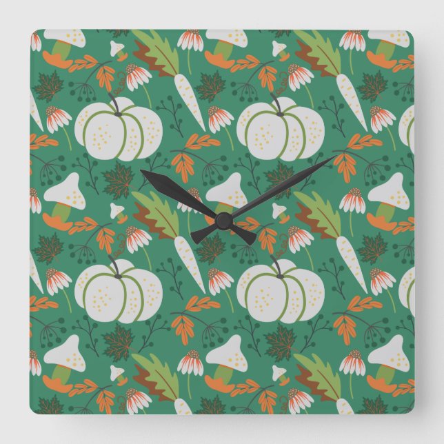 Pumpkin seamless pattern carrots and mushrooms fyrkantig klocka (Framsida)