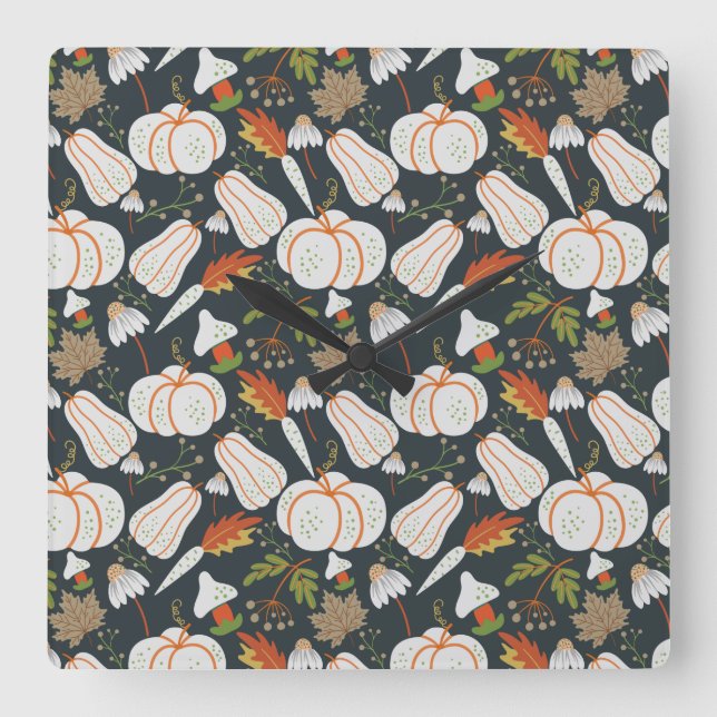 Pumpkin seamless pattern floral black and white fyrkantig klocka (Framsida)