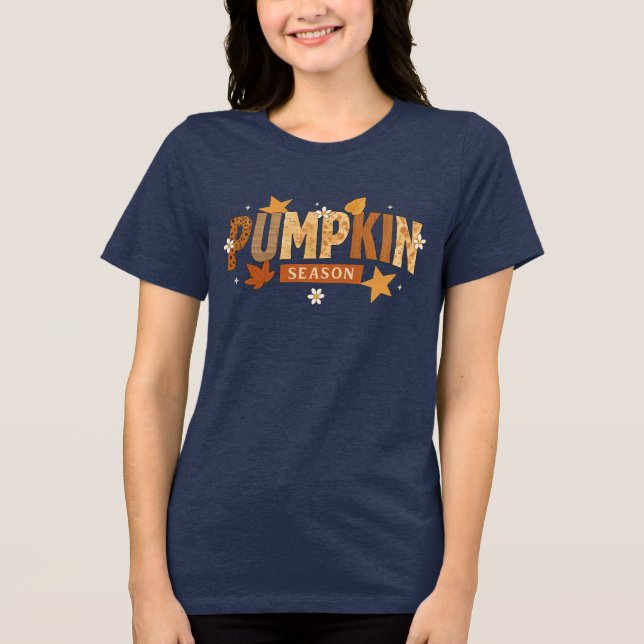 Pumpkin Season Autumn Mönster Lettering med Flora T Shirt (Framsida)