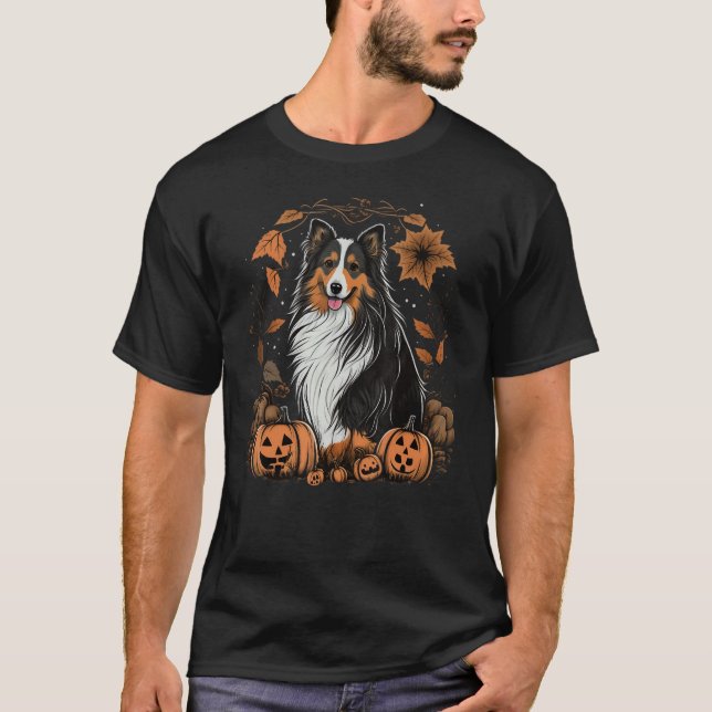 Pumpkin Shetland Sheepdog costume on Sheltie Hallo T Shirt (Framsida)