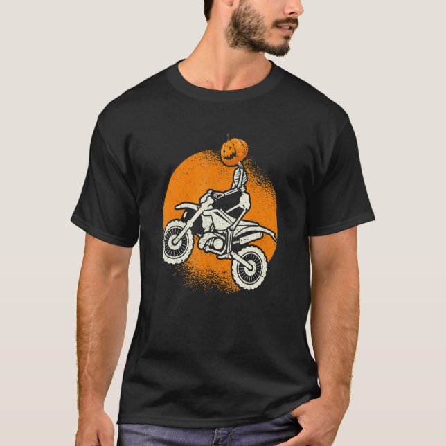 Pumpkin Skeleton Dirt Bike Rider Halloween Motocro T Shirt (Framsida)