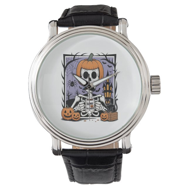 Pumpkin Skeleton Drinking Coffee Armbandsur (Framsida)
