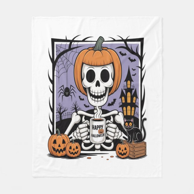 Pumpkin Skeleton Drinking Coffee Fleecefilt (Framsidan)