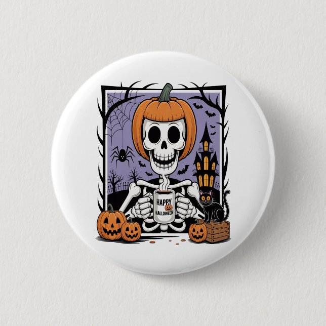 Pumpkin Skeleton Drinking Coffee Knapp (Framsida)