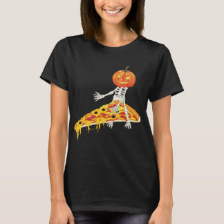 Pumpkin Skeleton Riding Pizza Halloween T Shirt
