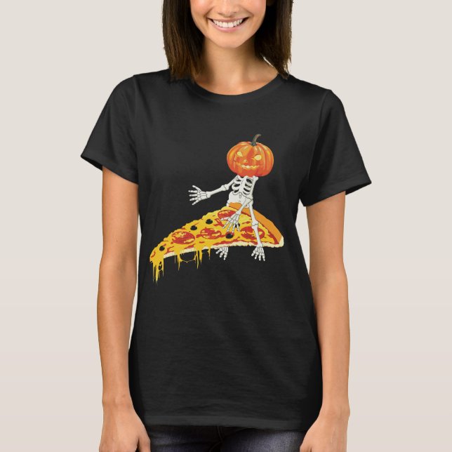 Pumpkin Skeleton Riding Pizza Halloween T Shirt (Framsida)