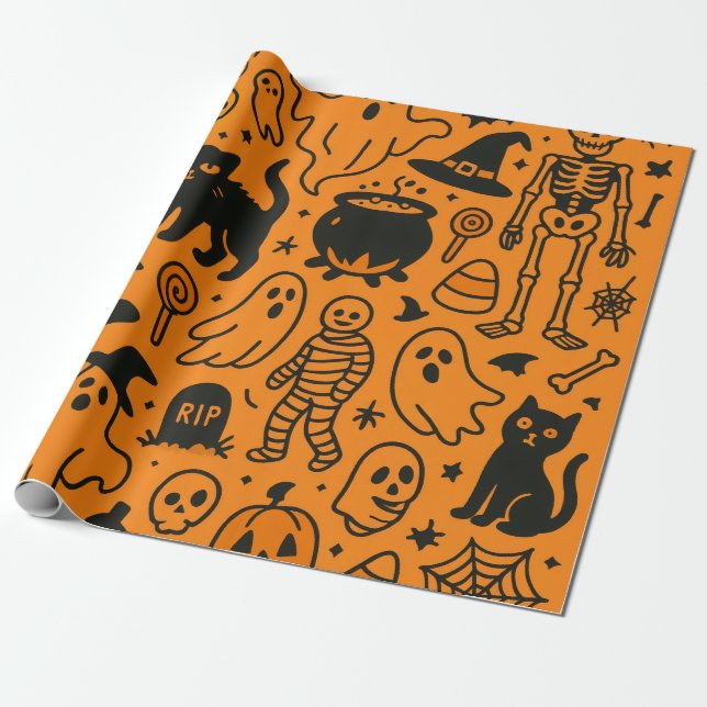 pumpkin, skull and ghost patterned wrapping paper presentpapper (Utrullad)