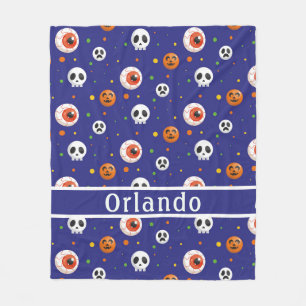 Pumpkin Skull Eyeball Blue Fleece Blanket