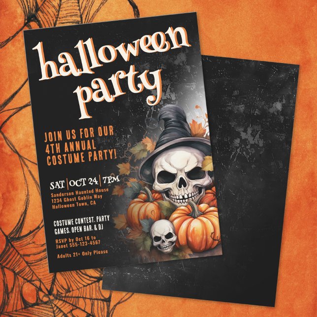 Pumpkin Skull Halloween fest Inbjudningar (Pumpkin Skull Halloween Party Invitation)