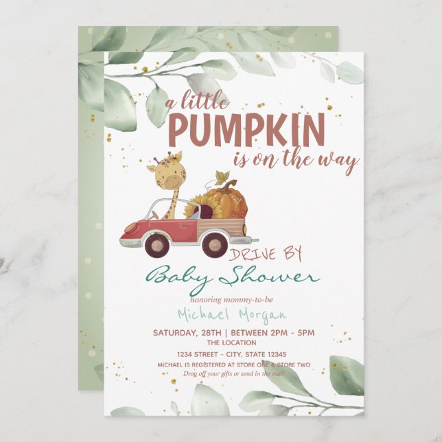 Pumpkin Solros Lastbil Drive by Baby Shower Inbjudningar (Fram/baksida)