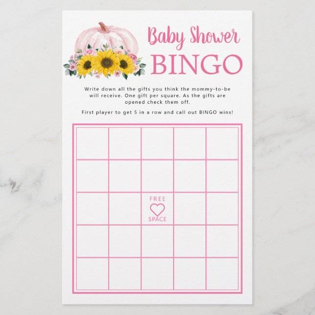 Pumpkin Solros Rosa Baby Shower Bingo Game (Framsida)