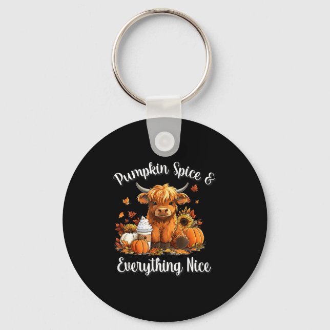 Pumpkin Spice &amp; Everything Nice Highland Cow L Nyckelring (Framsida)
