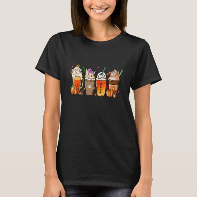 Pumpkin Spice Autumn Cat Drinks T Shirt (Framsida)