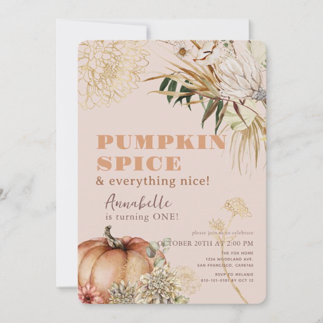 Pumpkin Spice Boho Blommigt Rosa Girl 1 Birthday Inbjudningar (Framsida)