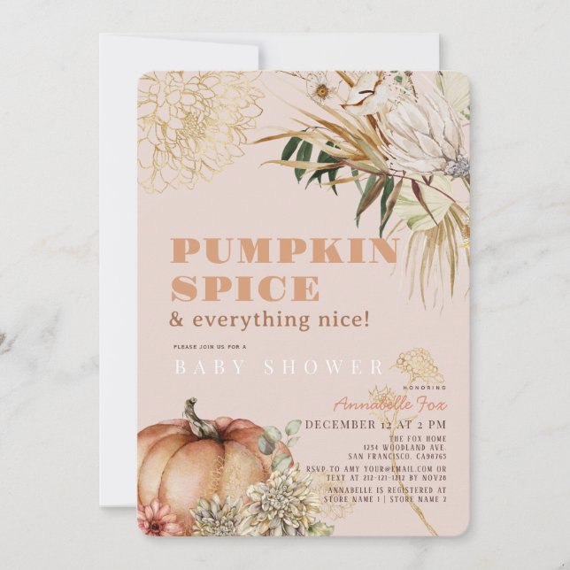 Pumpkin Spice Boho Blommigt Rosa Girl Baby Shower Inbjudningar (Framsida)