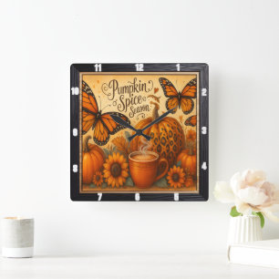 Pumpkin Spice Butterflies Autumn Fyrkantig Klocka