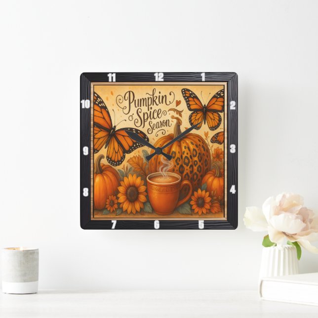 Pumpkin Spice Butterflies Autumn Fyrkantig Klocka (Hem)