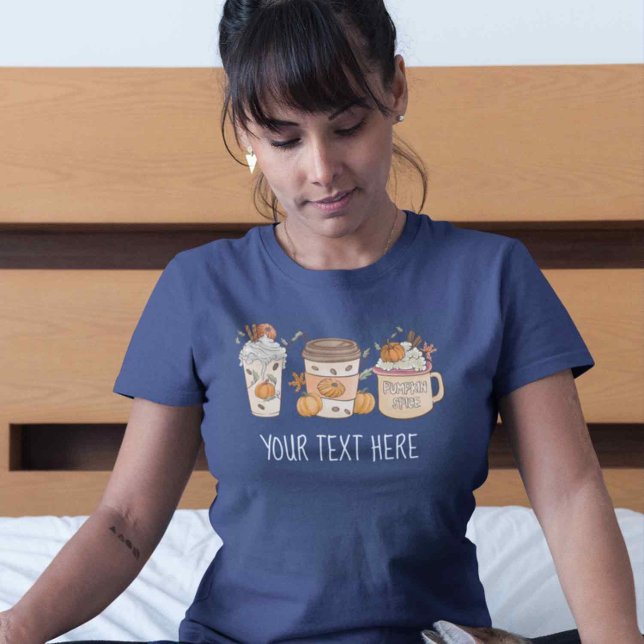 Pumpkin Spice Coffee Design Retro Stil Fall Blad T Shirt (Navy blue halloween tshirt. Coffee Shirt, Fall pumpkin spice shirt in navy blur for women)