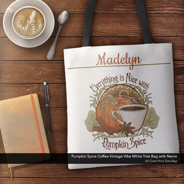 Pumpkin Spice Coffee Vintage Vibe Namn White Tygkasse (Pumpkin Spice Coffee Vintage Vibe White Tote Bag–Personalized with Your Name)
