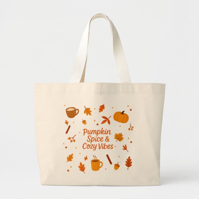 Pumpkin Spice & Cozy Vibes Fall Tote Bag Jumbo Tygkasse (Framsidan)