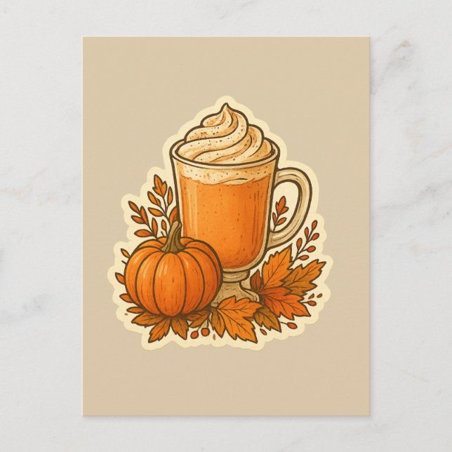 Pumpkin Spice Drink med Höst löv Vykort (Framsida)