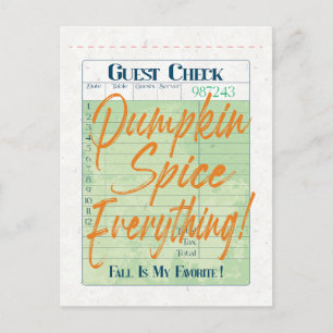Pumpkin Spice Fall Autumn Guest Check Coffee Latte Vykort