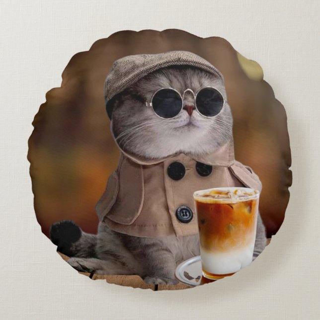 Pumpkin Spice Fall Cat Round Dekorativ kudde (Framsidan)