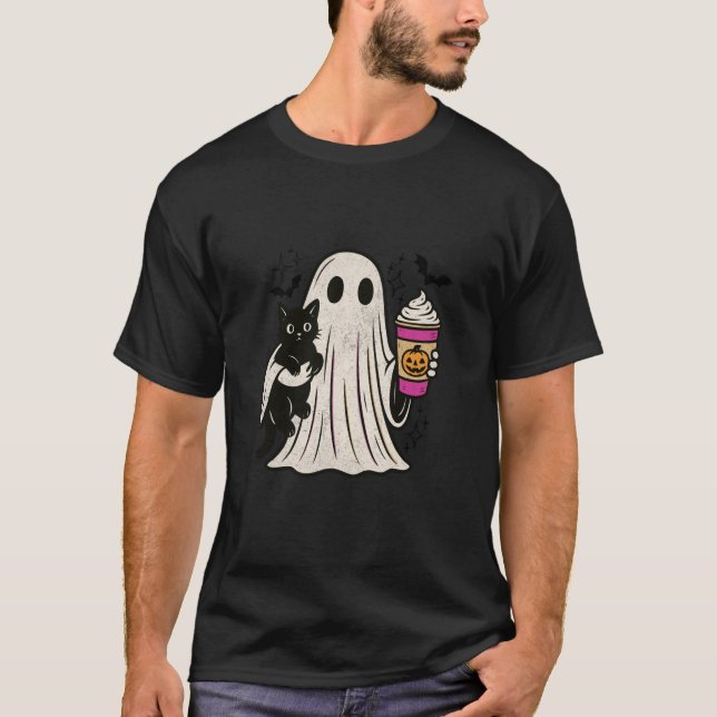 Pumpkin Spice Latte Ghost Holding Black Cat Hallow T Shirt (Framsida)