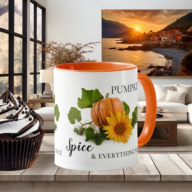 Pumpkin Spice och Allt Nice Fall Mugg (Elegant autumn and Thanksgiving mug featuring a pumpkin and sunflower)