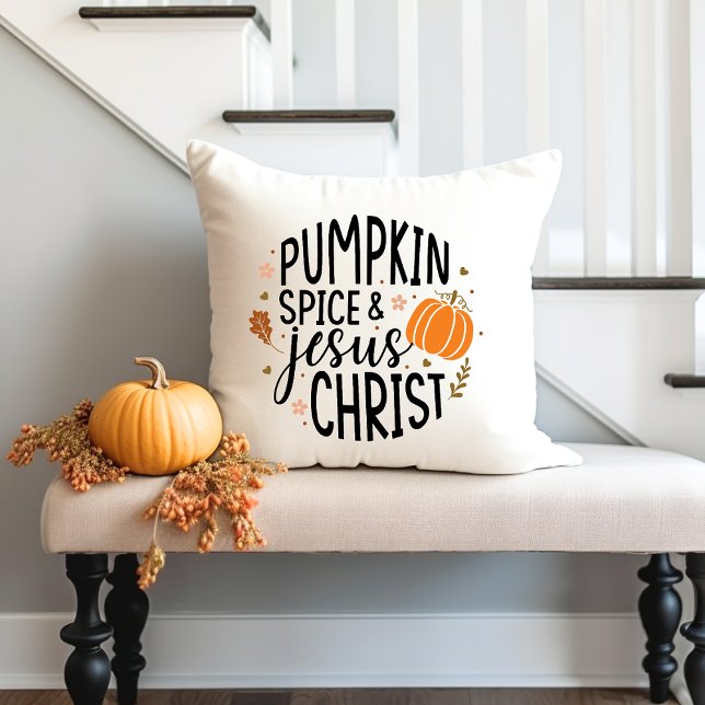 Pumpkin Spice och Jesus Kristus Autumn Christian Kudde (Pumpkin Spice and Jesus Christ Autumn Christian Throw Pillow)