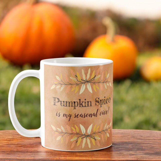 Pumpkin Spice Säsong Vice Hösten Löv Gräns Kaffemugg (Template mug with same text on both sides of handle. )