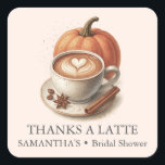Pumpkin Spice Stickers Coffee Bridal Shower Theme Fyrkantigt Klistermärke<br><div class="desc">Add a cozy and personalized touch to your celebration with these cute pumpkin spice stickers, designed for coffee bridal shower themes and perfect for a fall bridal shower or any autumn event. Featuring a charming coffee cup illustration and the phrase "Thanks a Latte, " these stickers are ideal for sealing...</div>