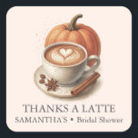 Pumpkin Spice Stickers Coffee Bridal Shower Theme Fyrkantigt Klistermärke<br><div class="desc">Add a cozy and personalized touch to your celebration with these cute pumpkin spice stickers, designed for coffee bridal shower themes and perfect for a fall bridal shower or any autumn event. Featuring a charming coffee cup illustration and the phrase "Thanks a Latte, " these stickers are ideal for sealing...</div>