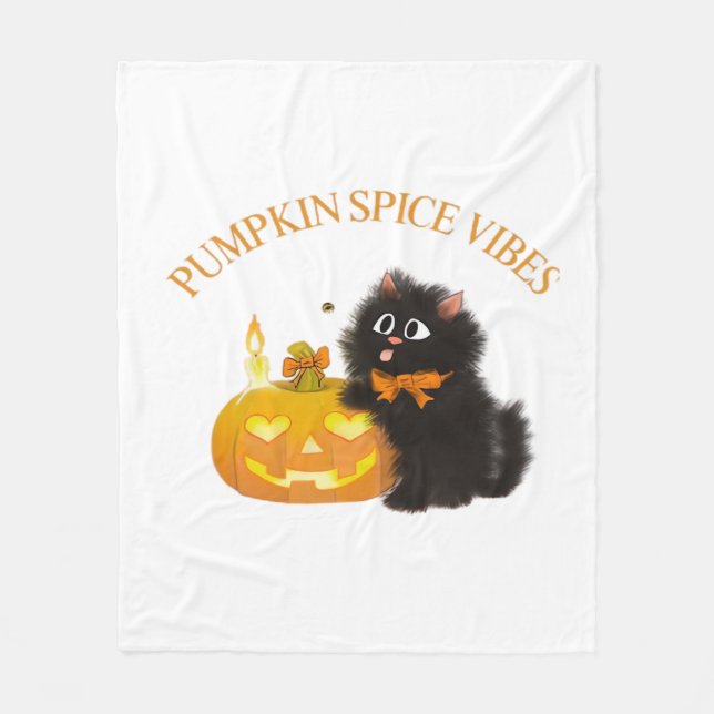 Pumpkin Spice Vibes, Halloween, svart katt, pumpa Fleecefilt (Framsidan)