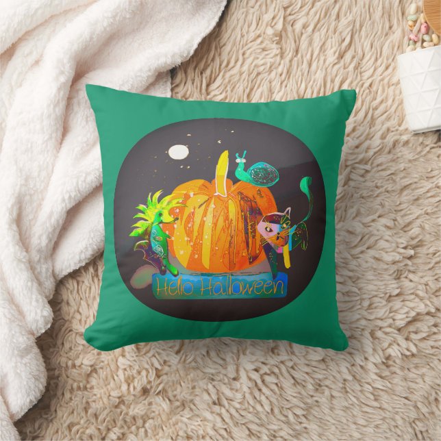 Pumpkin Spirit Pillow - Halloween Animals & Måne Kudde (Filt)