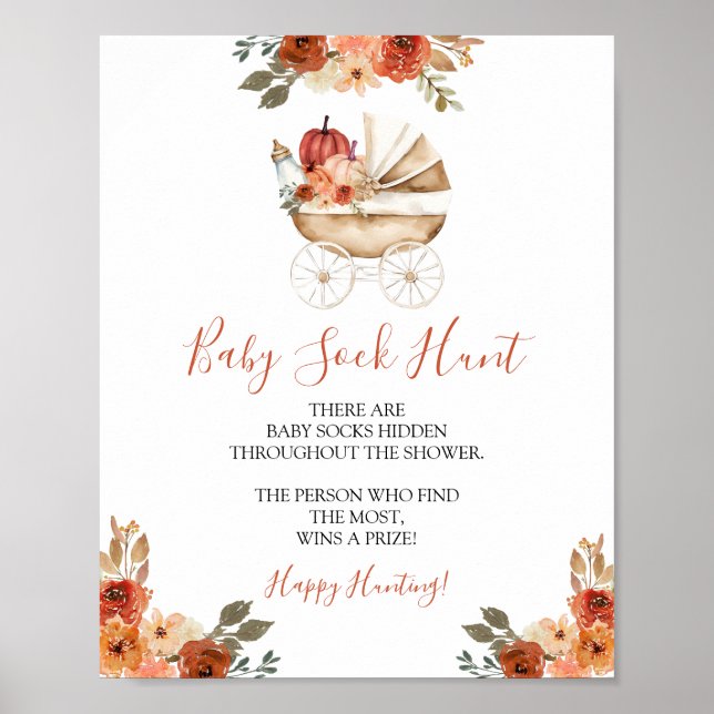 Pumpkin Stroller Floral Baby Shower Baby Sock Hunt Poster (Framsidan)