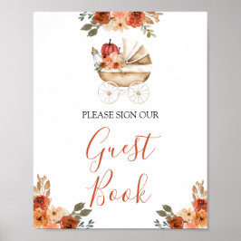 Pumpkin Stroller Floral Baby Shower Guest Book Poster