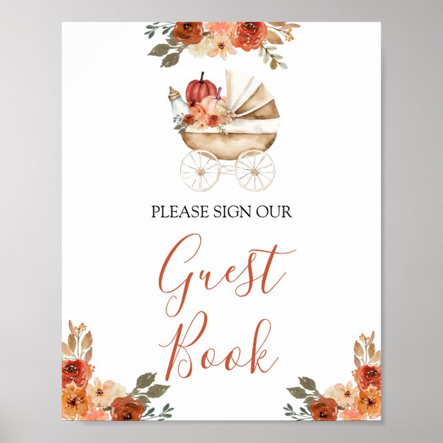 Pumpkin Stroller Floral Baby Shower Guest Book Poster (Framsidan)